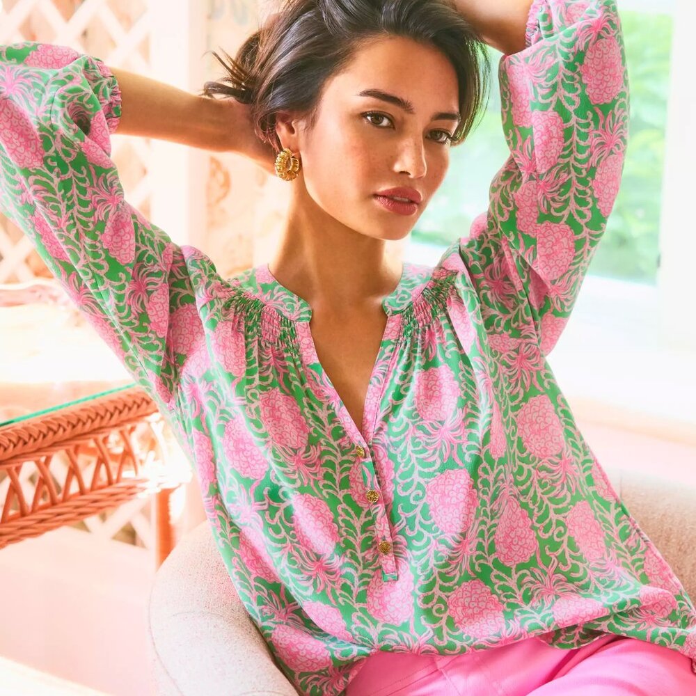 Lilly Pulitzer Elsa Silk Top, Fauna Green Party Like A Pineapple